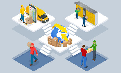 Wall Mural - Global logistics network isometric illustration. Isometric Logistics and Delivery concept. Delivery home and office. City logistics. Warehouse, truck, forklift, courier. On-time delivery