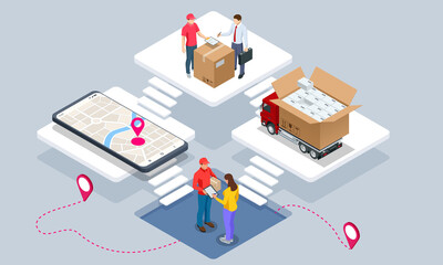 Wall Mural - Global logistics network isometric illustration. Isometric Logistics and Delivery concept. Delivery home and office. City logistics. Warehouse, truck, forklift, courier. On-time delivery