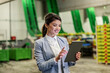 © Dusan Petkovic - Businesswoman with tablet in a warehouse. A beautiful lady with style dressed in a business gray suit stands and uses a tablet. The female director looks at the tablet, the owner of the company
