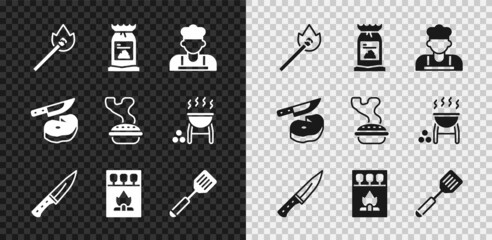 Set Burning match with fire, Barbecue coal bag, Cook, Meat chopper, Matchbox and matches, Spatula, Steak meat knife and Homemade pie icon. Vector