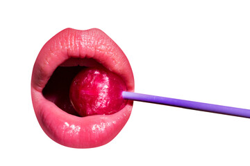 Wall Mural - Closeup female lips with pink lipgloss holding in mouth red lollipop candy. Lollipop lips woman face isolated on white.