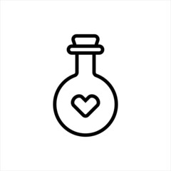 Pixel perfect black thin line icon of a healing heart potion. Editable stroke vector 64x64 pixel. Scale 5000% preview. RPG elixir game sign. Drawing heart flask bottle symbol. Outline linear pictogram