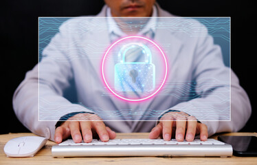 Poster - Businessman working computer virtual screening with cyber security and data protection, Padlock protecting business and financial data with virtual network connection