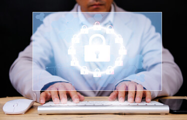 Poster - Businessman working computer virtual screening with cyber security and data protection, Padlock protecting business and financial data with virtual network connection