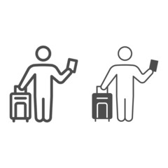 Poster - Passenger with suitcase and passport line and solid icon, security check concept, bag check in vector sign on white background, outline style icon for mobile concept and web design. Vector graphics.