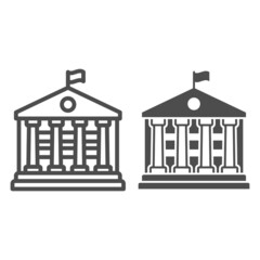 Poster - Building with flag and columns line and solid icon, official department concept, custom house vector sign on white background, outline style icon for mobile concept and web design. Vector graphics.