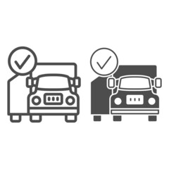 Poster - container truck, checkmark, cargo, delivery line and solid icon, transportation concept, lorry vector sign on white background, outline style icon for mobile concept and web design. Vector graphics.