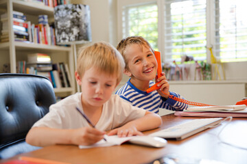 Boys using telephone in home office