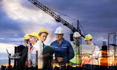 Wall Mural - Double exposure of engineer standing orders for construction crews to work on high ground heavy industry and safety concept