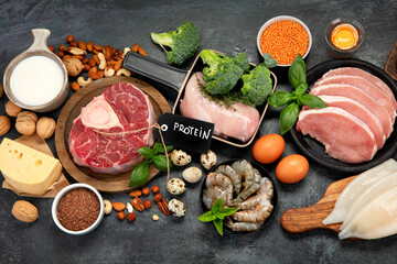 Wall Mural - Natural sources of protein on dark background.
