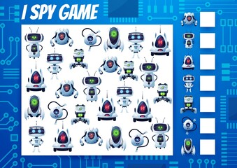Poster - I spy kids game, cartoon robots and droids riddle. Vector task, education puzzle with ai cyborgs. How many androids and bots test. Development of numeracy skills and attention, math worksheet page