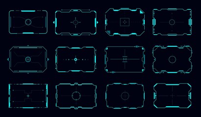 Fototapete - HUD target frames and aim control panel vector borders, Sci Fi game user interface or gui. Futuristic digital head up display target screen frame with blue neon borders and aiming crosshairs