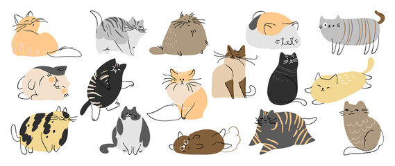 Cute and funny cats doodle vector set. Cartoon cat or kitten characters design collection with flat color in different poses. Set of purebred pet animals isolated on white background.