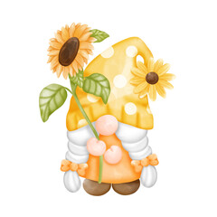 Wall Mural - Digital paint watercolor sunflower gnomes isolated on white background. Cute gnome spring season greeting card. 