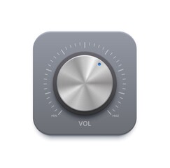 Aufkleber - Metallic music sound knob button icon. Stainless steel, chrome metal or aluminum volume control dial with scale from minimum to maximum. Amplifier, radio tuner sound level realistic vector button