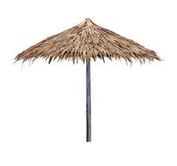 Single beach umbrella parasol made of coconut leaf isolated on white background with clipping path