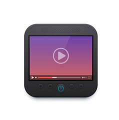 Poster - Movie and video player interface icon, vector ui design, play button on screen, menu bar, slider, sound and settings navigation. Digital multimedia online content playing 3d sign for application