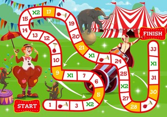 Poster - Circus boardgame, shapito circus characters near big top tent. Vector step game for kids with numbered block way. Children test with cartoon clown, apes jugglers, trained elephant and man cannonball