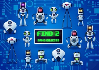 Poster - Find two same robots game, cartoon droids on motherboard. Kids vector riddle with ai cyborgs. Children logic test with androids and artificial intelligence bots on microcircuit. Education worksheet