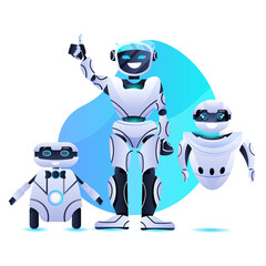 Poster - different robots standing together modern robotic characters team artificial intelligence technology