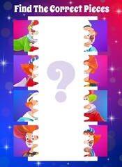 Poster - Kids game of find a correct circus clown pieces. Vector puzzle, logic riddle or maze game of children education, matching halves of cartoon pictures with chapiteau carnival show clowns
