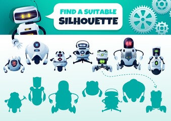 Poster - Robot maze game find a correct silhouette. Kids shadow match vector riddle with cyborgs. Children logic test with cartoon androids and artificial intelligence bots characters. Educational baby task
