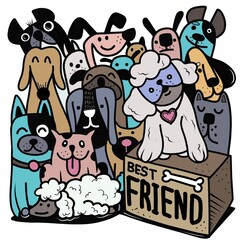 Wall Mural - Hand Drawn Vector Illustration of Doodle Dogs Group, illustrator line tools drawing ,Flat Design