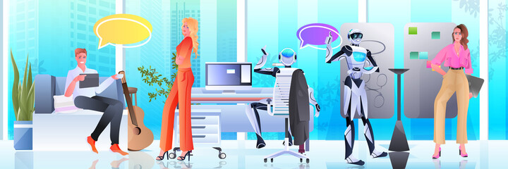 Poster - businesspeople and robots working together in creative open space artificial intelligence teamwork concept