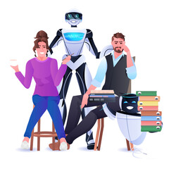 Poster - businesspeople and robots standing together artificial intelligence teamwork concept