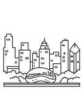 Mono Line Poster Illustration Of Chicago Downtown Skyline With The Bean Landmark Or Cloud Gate Sculpture On Top Of Park Grill On Lake Michigan In Illinois, USA Done In Monoline Line Art Style.
