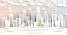 Charlotte NC City Skyline In Paper Cut Style With Snowflakes, Moon And Neon Garland.