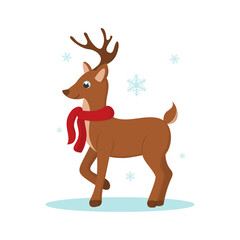 Cute cartoon north deer with red scarf in winter. Design element for winter, christmas, new year greeting cards, banners, wrapping, printing. Flat vector illustration