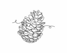 Continuous One Line Drawing Of Beautiful Pine Cone Icon In Silhouette On A White Background. Linear Stylized.