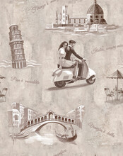 Illustration Wiht A Man And A Woman In Love Are Traveling With A Dog On A Scooter In Europe. Seamless Pattern