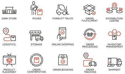 Vector Set of Linear Icons Related to Tracking Order, Shipping and Express Delivery Process. Mono line pictograms and infographics design elements - part 2