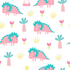 Wall Mural - Cute hand drawn dinosaur. Hand drawn illustration - cute cartoon dinosaur seamless pattern