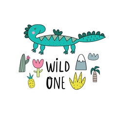 Cute print Boho style. Wild one lettering with Dino