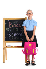 Sticker - Cute schoolgirl with chalkboard on white background