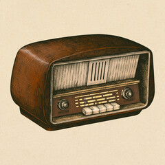 Hand drawn retro wooden radio