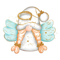 Wall Mural - Digital paint watercolor angel gnome isolated on white background. Cute gnome with wings and glitter, greeting card. 