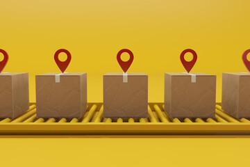 Cardboard boxes on conveyor belt on yellow background. Logistics, delivery and online order tracking concept. Minimal composition. 3d rendering
