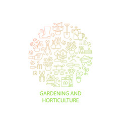 Fototapete - Gardening abstract gradient linear concept layout with headline. Plant care in home yard. Horticulture minimalistic idea. Thin line graphic drawings. Isolated vector contour icons for background