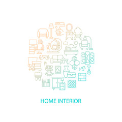 Fototapete - Home interior abstract gradient linear concept layout with headline. Furniture and house decor minimalistic idea. Thin line graphic drawings. Isolated vector contour icons for background