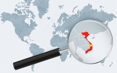 World map with a magnifying glass pointing at Vietnam. Map of Vietnam with the flag in the loop.