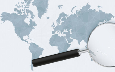 World map with a magnifying glass pointing at Nauru. Map of Nauru with the flag in the loop.