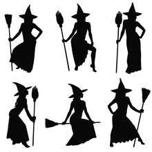 Set Of Vector Silhouettes Of Halloween Witches Standing And Flying On Broomstick. Collection Of Beautiful Sexy Witches Vector Icons For Halloween Design.