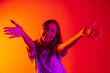 © Lustre Art Group  - Portrait of young beautiful caucasian girl isolated on pink neon background