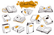 Book doodle illustration. Open books, stacks, sketch set. School or college students library book illustration collection.


