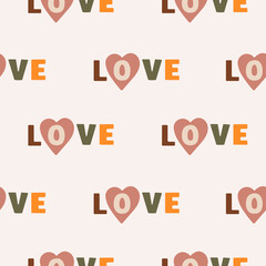 Wall Mural - Vector seamless pattern with the word love and hearts on pastel background. Trendy design for valentine's day, wedding, love theme, textile, wallpaper, wrapping paper	