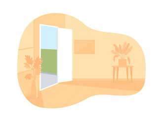 Poster - Empty room 2D vector isolated illustration. No people at apartment flat characters on cartoon background. Living room decoration interior. Nobody at comfortable accomodation colourful scene